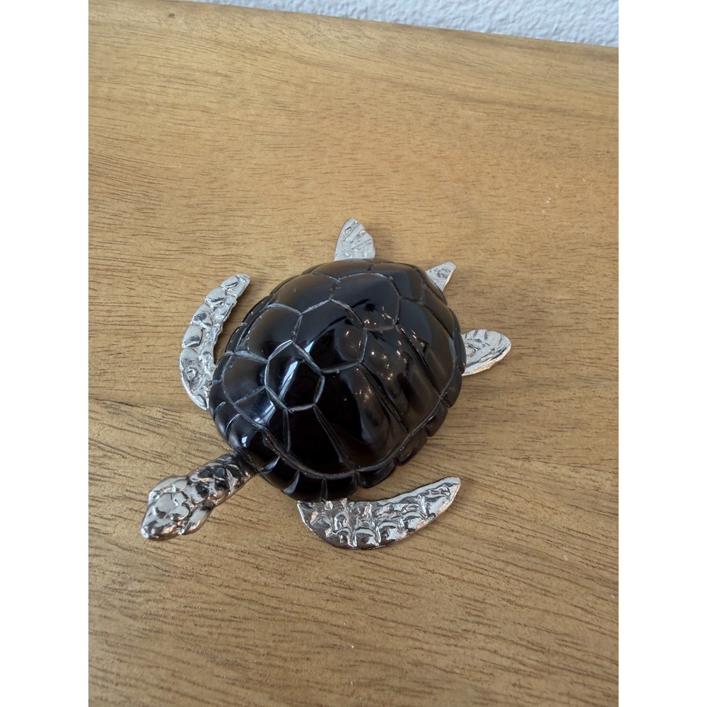 Vintage Sea Turtle Figurine Silver Black Enamel Cloisonne 3.5" Sculpture
